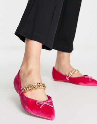 Chaussures larges Ballerines larges en velours avec chaîne à maillons - Rose