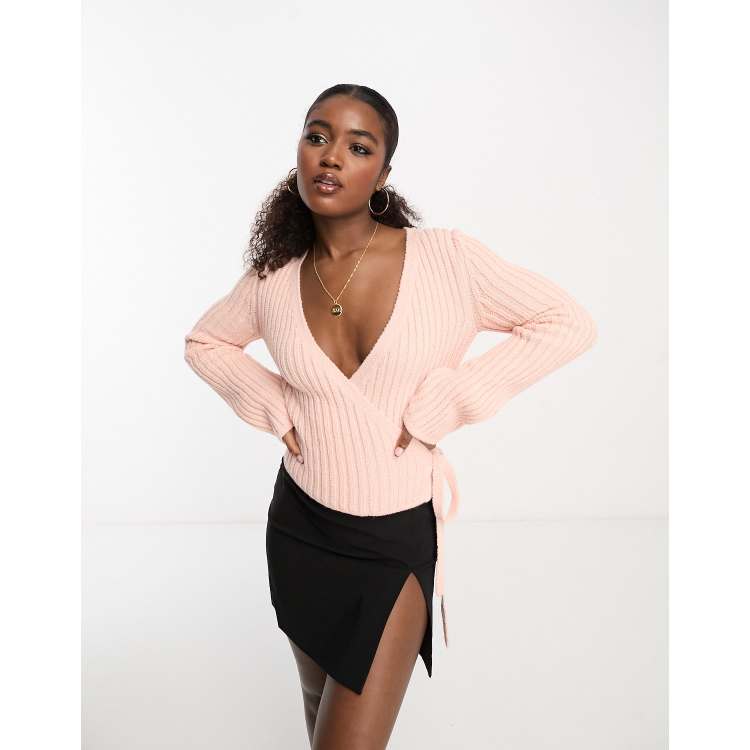 ASOS DESIGN ballet inspired wrap sweater with tie waist in pink