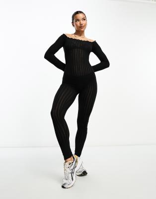 ASOS DESIGN ballet pointelle bardot unitard jumpsuit in black