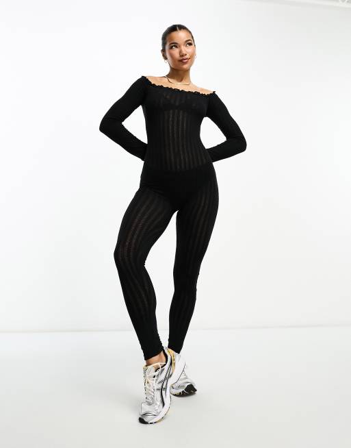 ASOS DESIGN glossy unitard jumpsuit with thumb holes in black