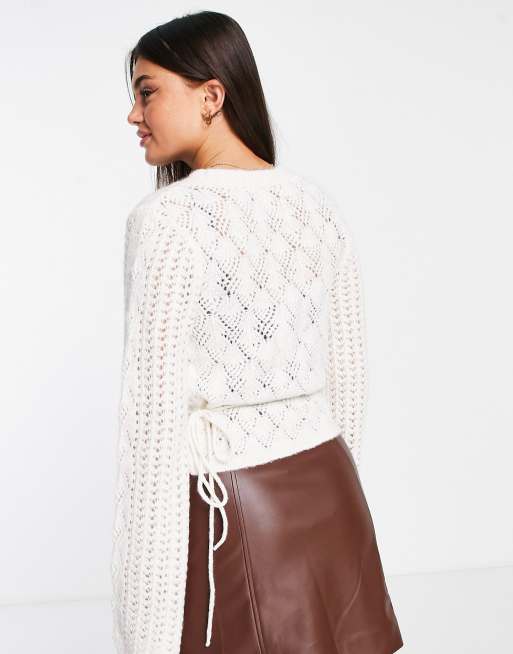 ASOS DESIGN ballet wrap sweater in mixed pointelle stitch in cream