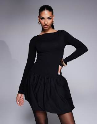 ASOS DESIGN - Ballon-Minikleid in Schwarz mit Popeline-Rock und niedrigem Bund