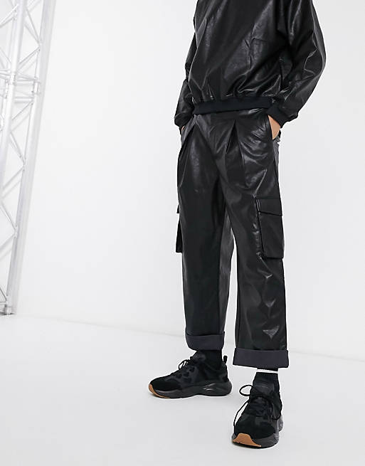 ASOS DESIGN balloon fit cargo pants in faux leather