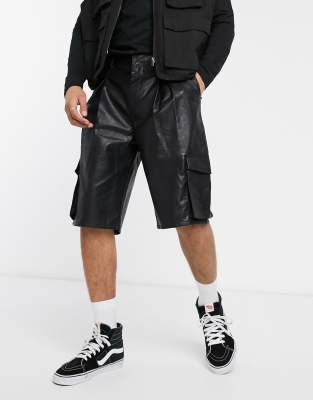 ASOS DESIGN balloon fit cargo shorts in faux leather-Black