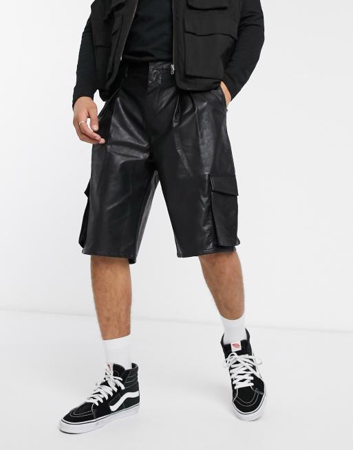 Black Leather Cargo Short