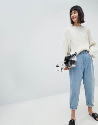 asos design balloon leg boyfriend jeans in patchwork print