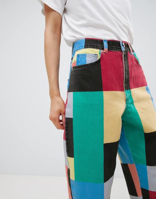 Coloured cheap patchwork jeans