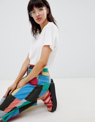 asos design balloon leg boyfriend jeans in patchwork print