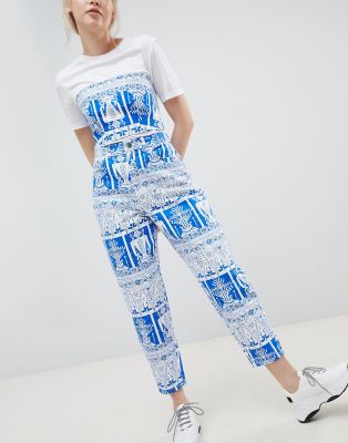 asos design balloon leg boyfriend jeans in patchwork print