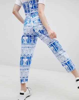 asos design balloon leg boyfriend jeans in patchwork print