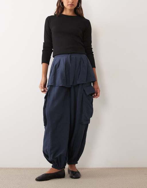 ASOS DESIGN balloon leg skirt detail pants in navy, 2 of 5