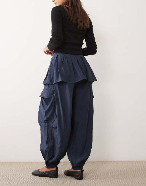 ASOS DESIGN balloon leg skirt detail trousers in navy, 3 of 5