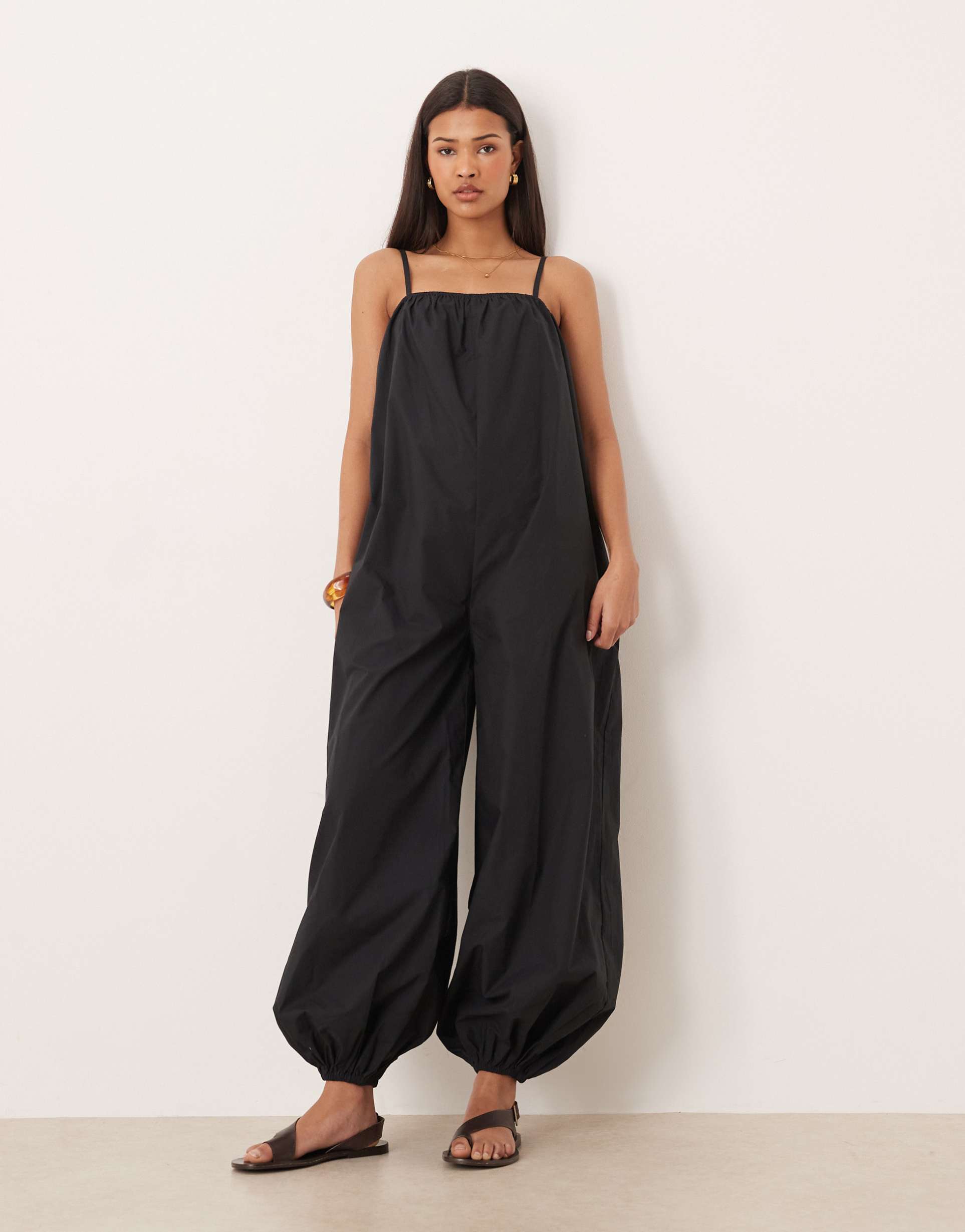 asos design balloon leg strappy jumpsuit in black