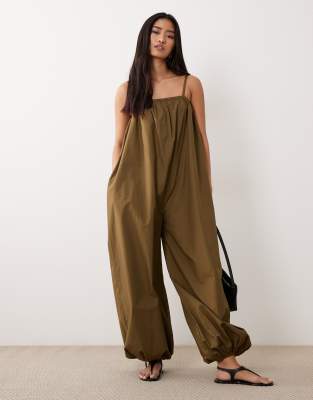 Asos Design Balloon Leg Strappy Jumpsuit In Green