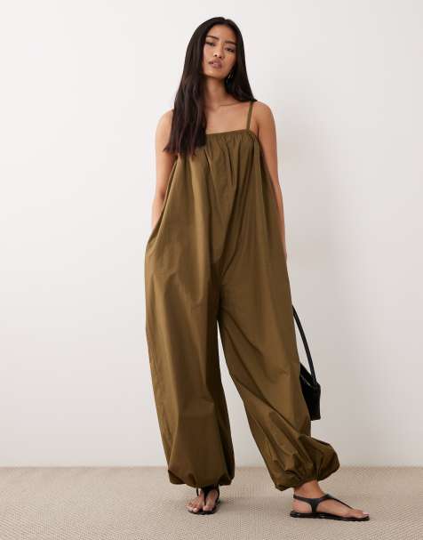 ASOS DESIGN balloon leg strappy jumpsuit in olive - view 1