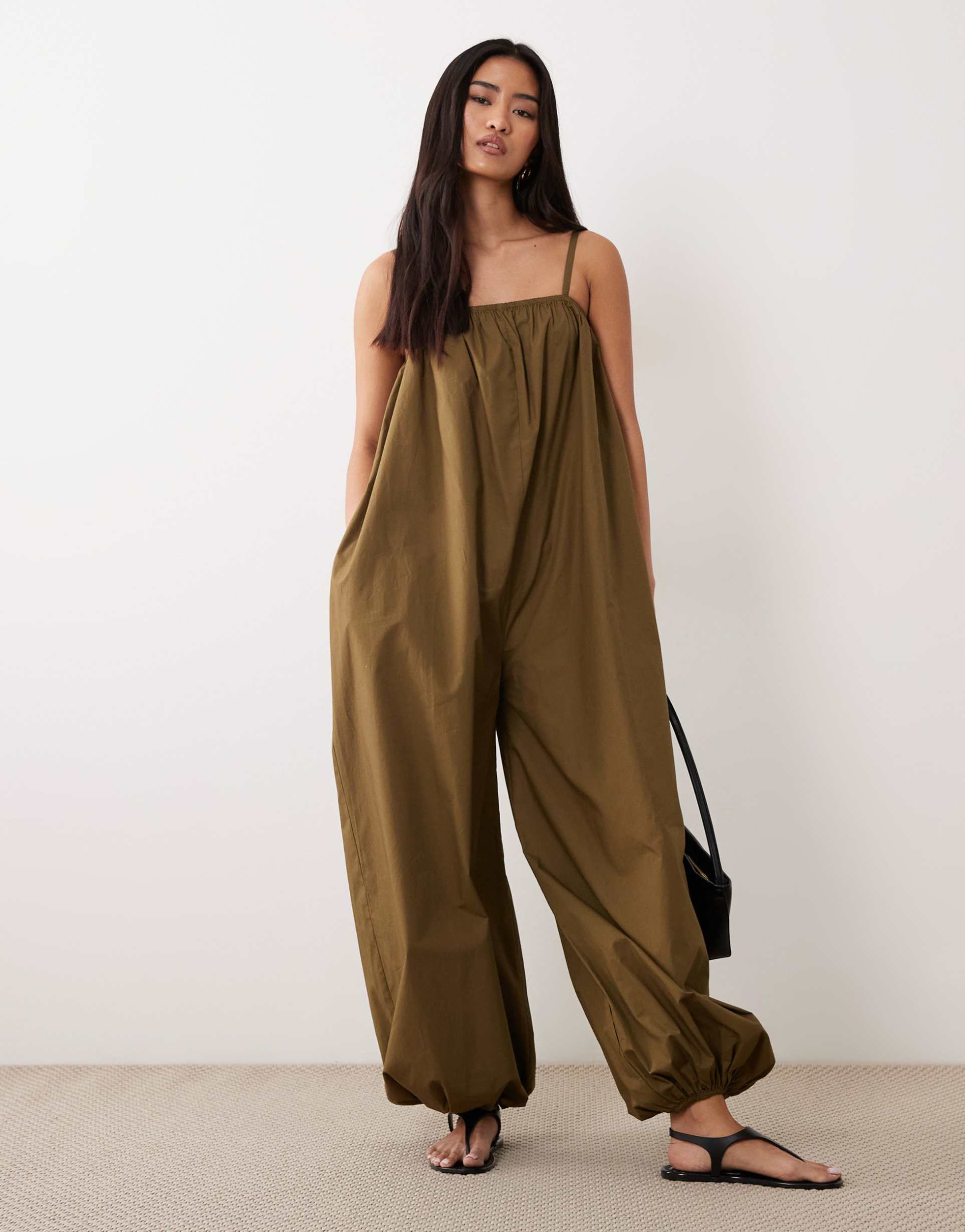 asos design balloon leg strappy jumpsuit in olive