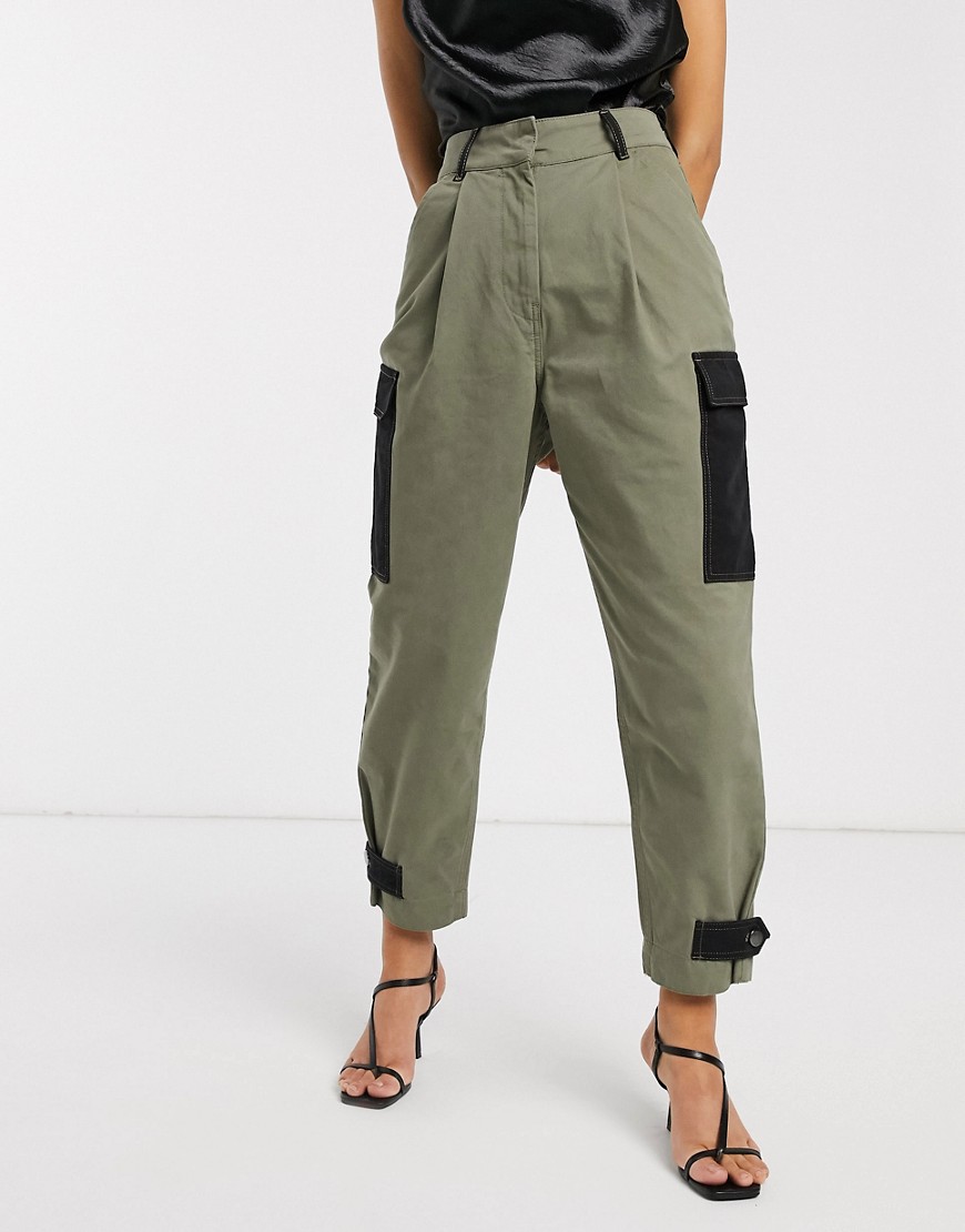 ASOS DESIGN balloon leg washed combat trouser with with contrast detail-Green