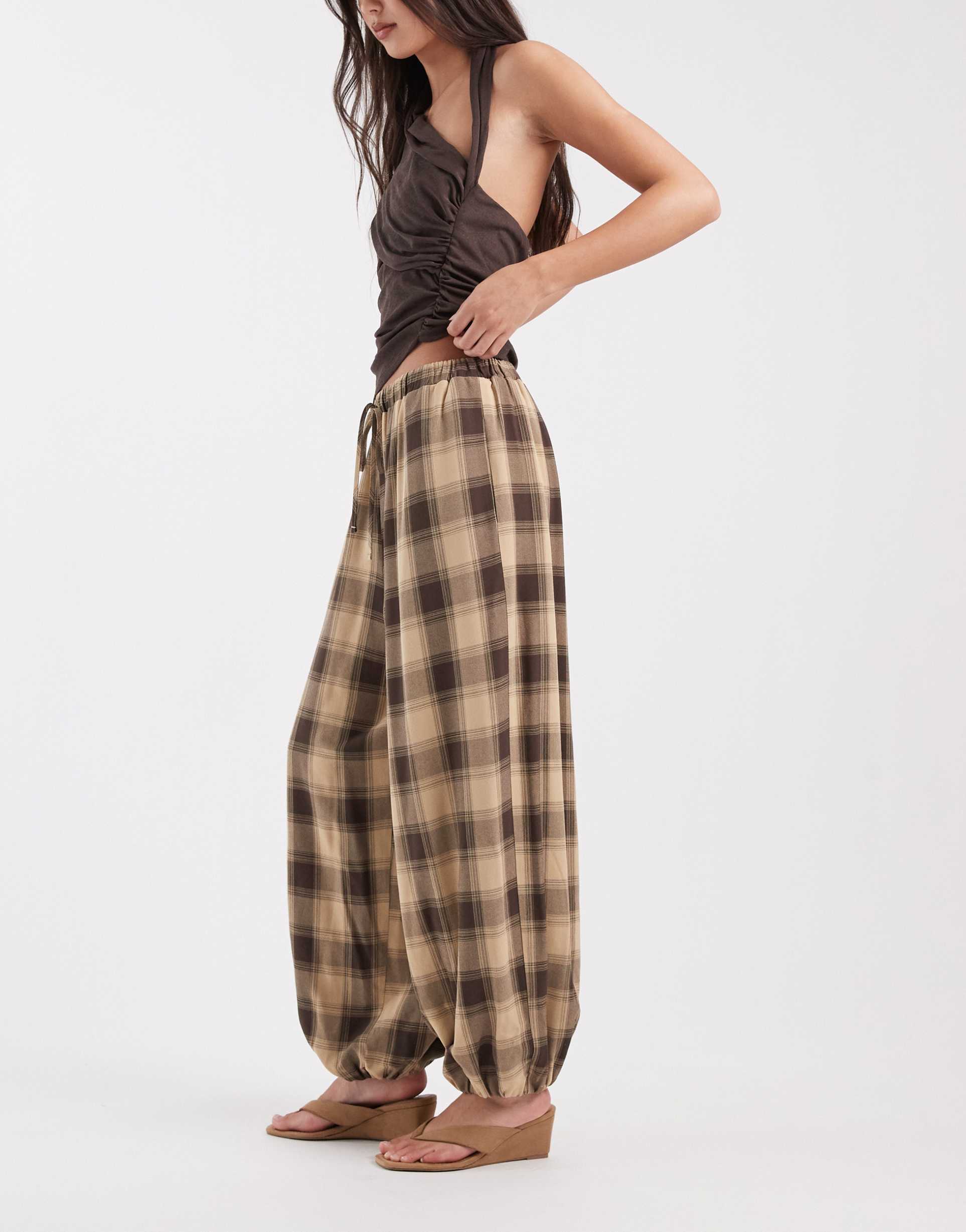 asos design balloon pants in cream plaid
