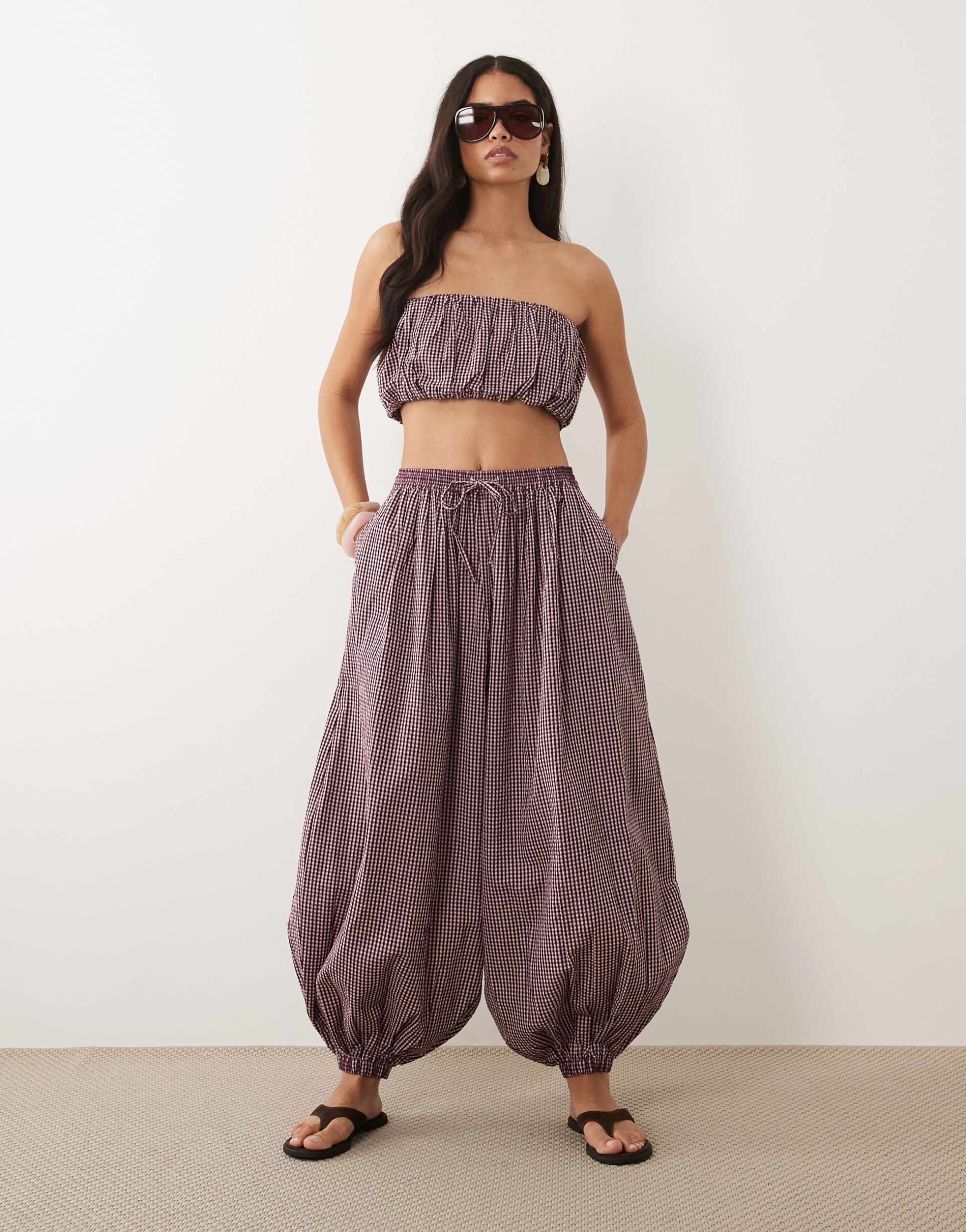 asos design balloon pants in pink gingham - part of a set