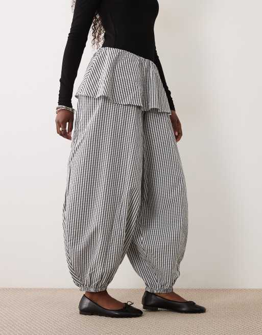 ASOS DESIGN balloon pants with skirt overlay detail in black & white plaid, 3 of 5