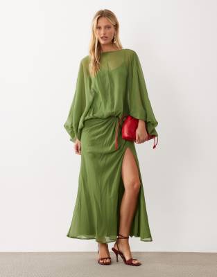 Asos Design Balloon Sleeve Blouson Waist Maxi Dress In Green