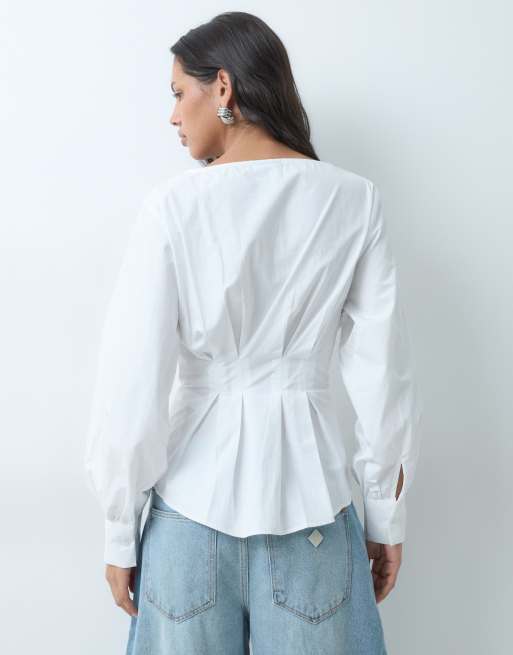 ASOS DESIGN balloon sleeve cinched in waist blouse in white, 4 of 5