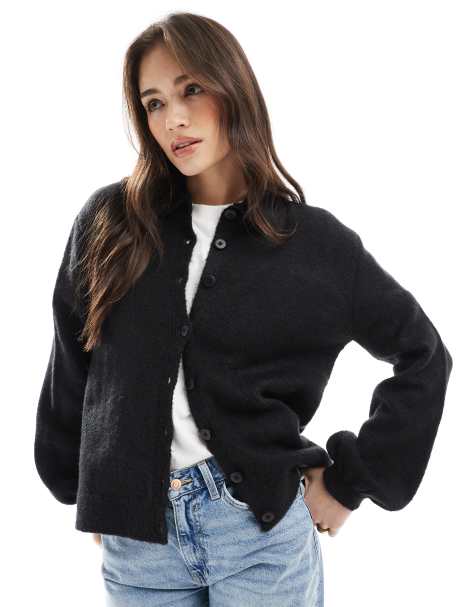 ASOS DESIGN balloon sleeve collared cardigan in black - view 1