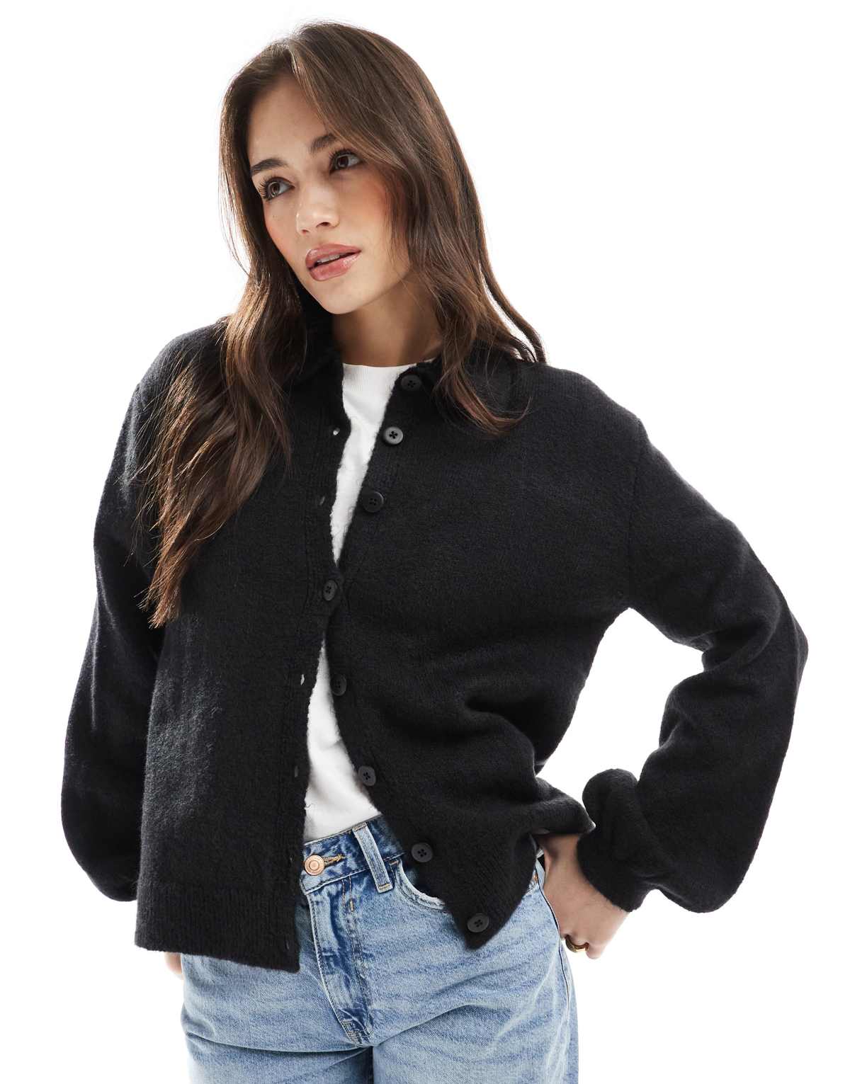 ASOS DESIGN balloon sleeve collared cardigan in black