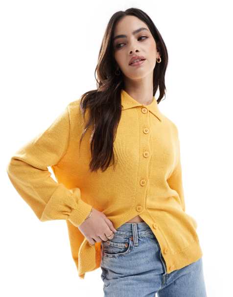 ASOS DESIGN balloon sleeve collared cardigan in mustard