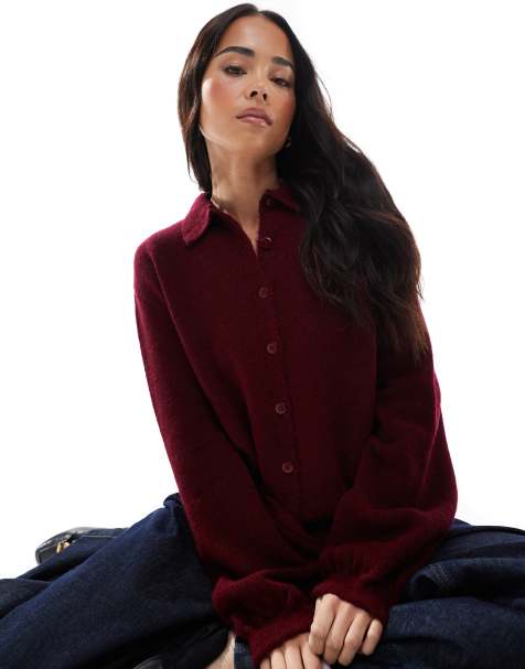 ASOS DESIGN balloon sleeve collared cardigan in red - view 1