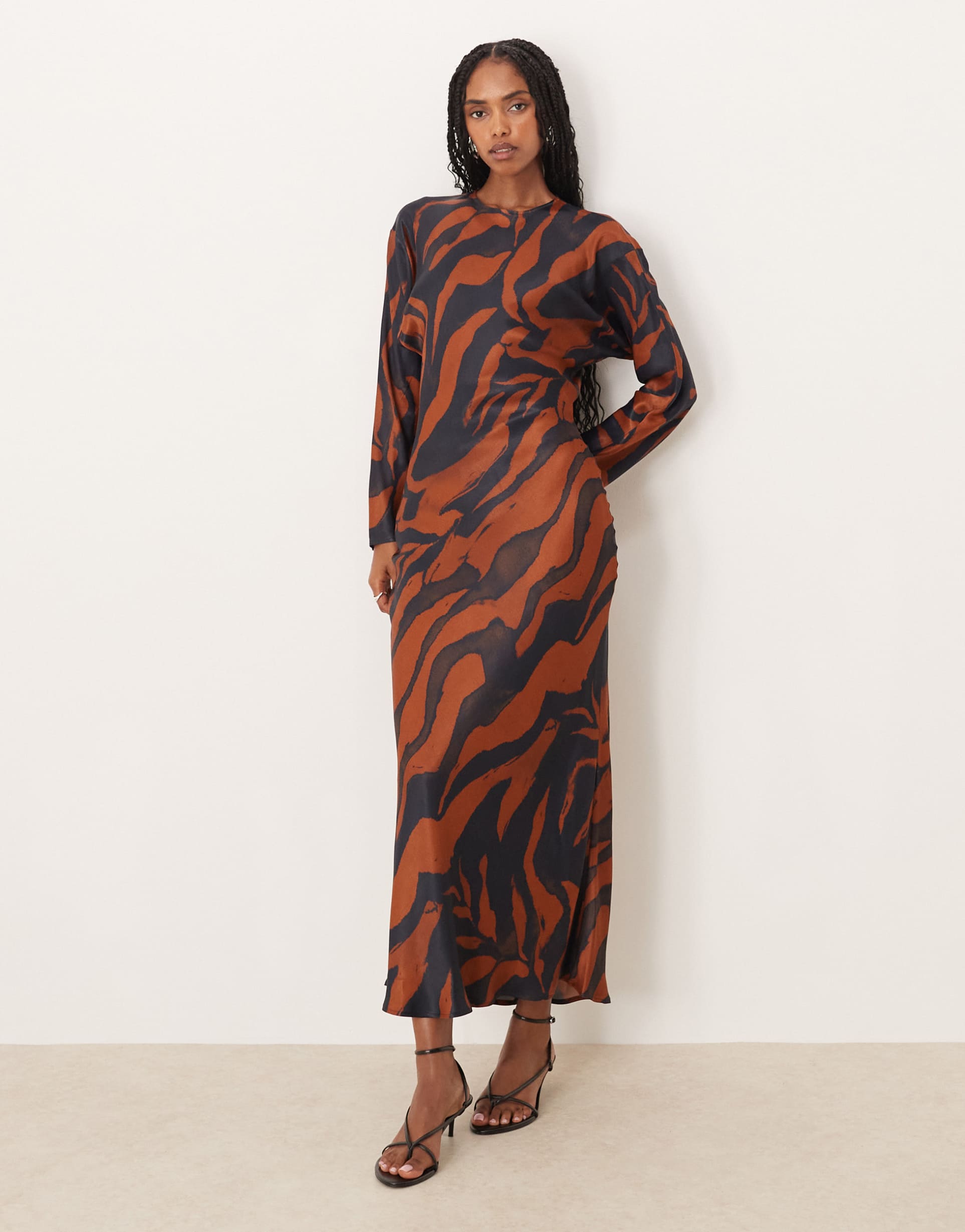 asos design balloon sleeve crew neck satin slip maxi dress in animal print
