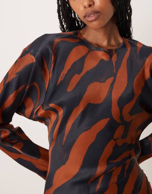 ASOS DESIGN balloon sleeve crew neck satin slip maxi dress in animal print