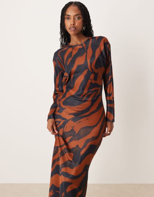 ASOS DESIGN balloon sleeve crew neck satin slip maxi dress in animal print