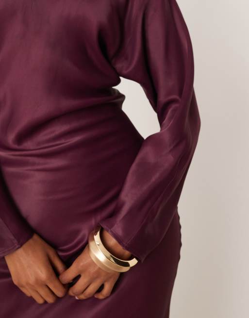 ASOS DESIGN balloon sleeve crew neck satin slip maxi dress in deep plum