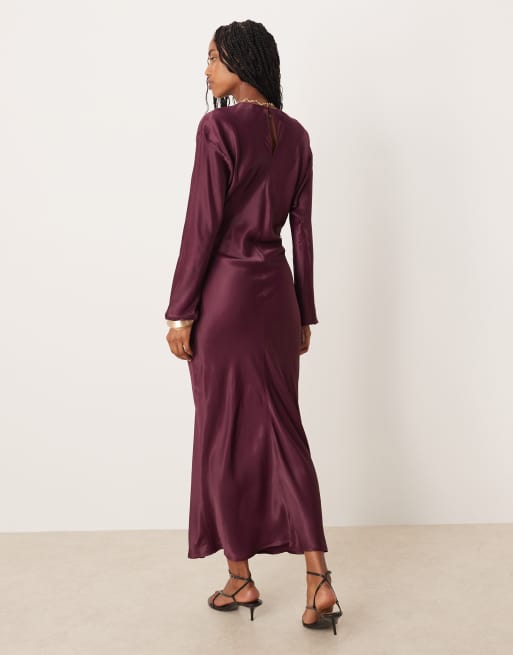 ASOS DESIGN balloon sleeve crew neck satin slip maxi dress in deep plum