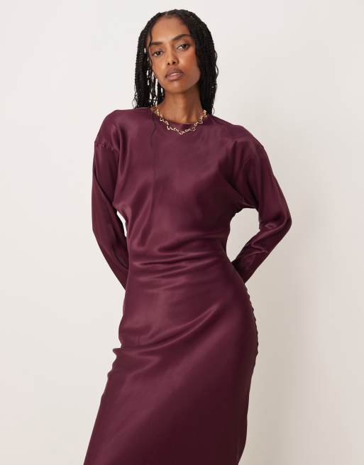 ASOS DESIGN balloon sleeve crew neck satin slip maxi dress in deep plum