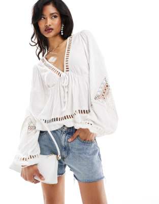 Asos Design Balloon Sleeve Crinkle Blouse With Cutwork Detail In White