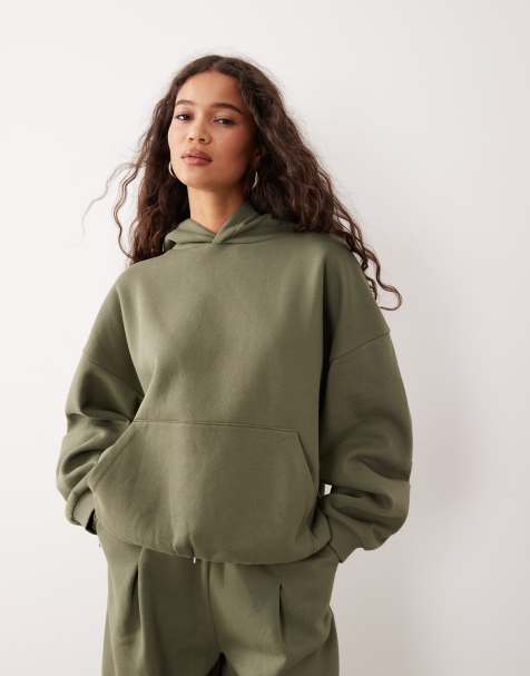 ASOS DESIGN balloon sleeve hoodie in khaki (part of a set) - view 1