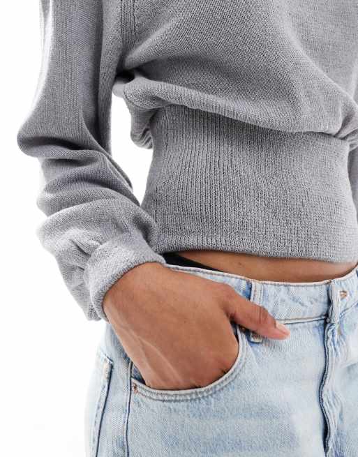 ASOS DESIGN balloon sleeve knit jumper with cinched waist in grey marl, 2 of 4