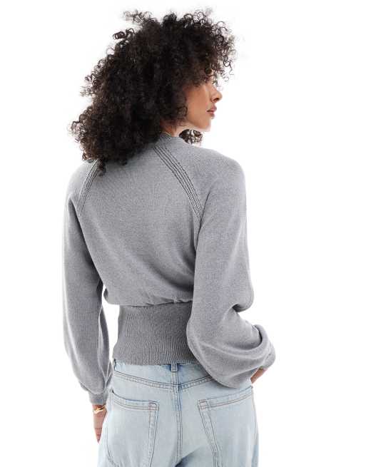 ASOS DESIGN balloon sleeve knit jumper with cinched waist in grey marl, 4 of 4