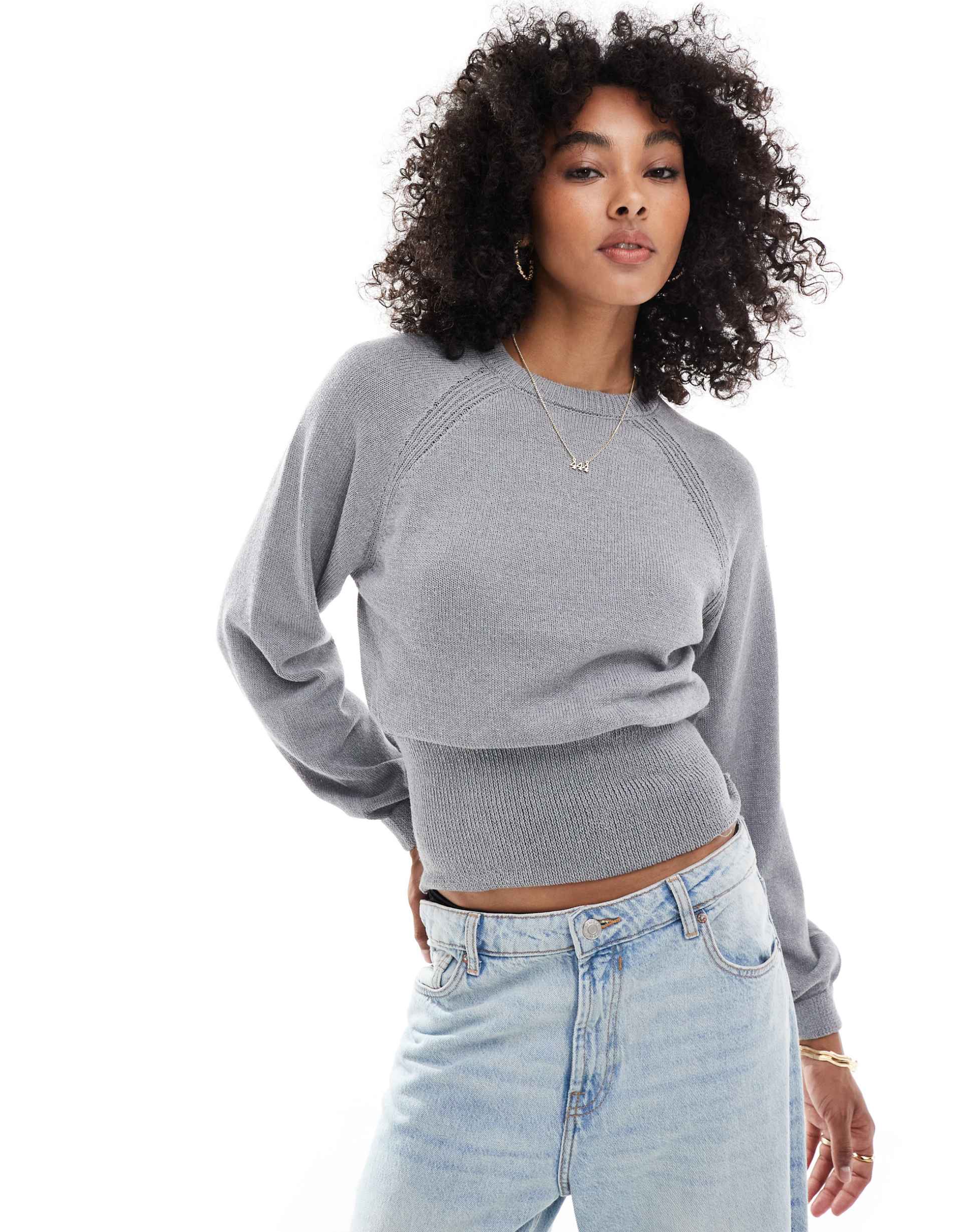 asos design balloon sleeve knit sweater with cinched waist in heather gray