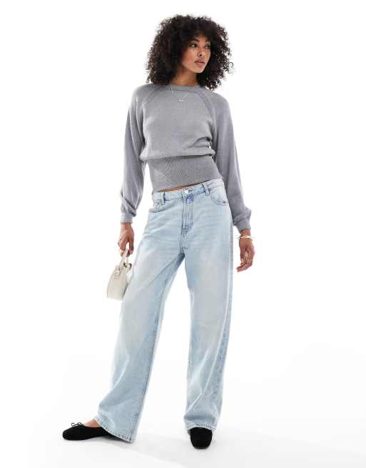 ASOS DESIGN balloon sleeve knit sweater with cinched waist in heather gray