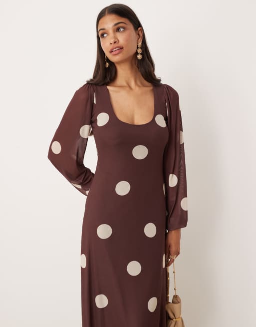 ASOS DESIGN balloon sleeve maxi dress in brown polka dot, 3 of 4