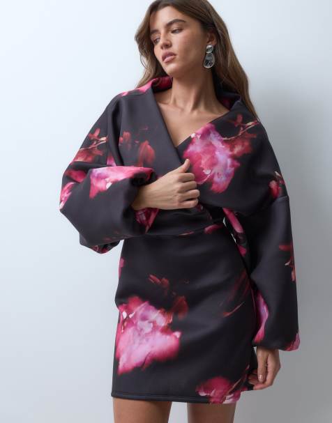 ASOS DESIGN balloon sleeve mini dress in blurred floral scuba-style fabric - view 1