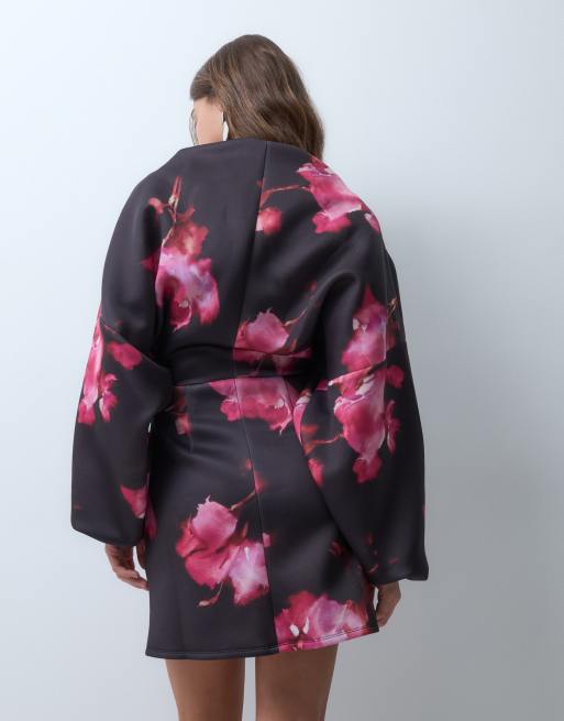 ASOS DESIGN balloon sleeve mini dress in blurred floral scuba-style fabric, 4 of 4