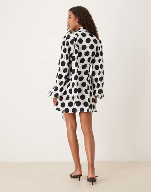 ASOS DESIGN balloon sleeve mini dress with neck scarf in mono polka dot