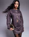 [ASOS DESIGN] ASOS DESIGN balloon sleeve structured button through top in plum animal print (part of a set)-Purple S Plum