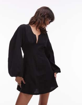 ASOS DESIGN balloon sleeve structured mini skater dress in black