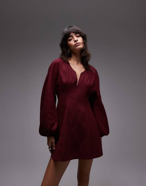 ASOS DESIGN balloon sleeve structured mini skater dress in burgundy - view 1