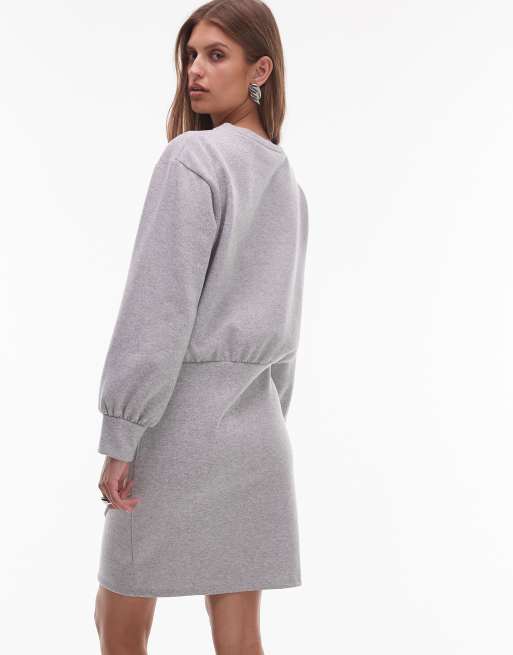 ASOS DESIGN balloon sleeve sweat mini dress with wrap hem in gray heather